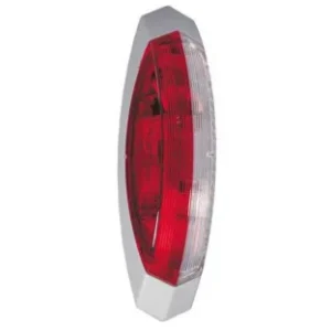 Rood/witte omtrekverlichting voor caravans met grijze grondplaat, gemonteerd op een spatbord.