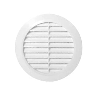 Rond wit kunststof ventilatierooster voor caravan en camper met een inbouwmaat van 77mm.