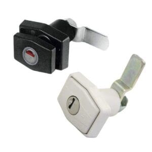 Rechthoekig pushlock drukslot in zwart en wit voor caravan serviceluiken, geschikt voor wanddikte tot 35mm.