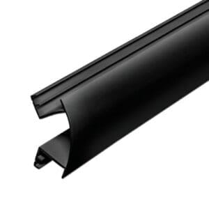 Flexibele zwarte hoekverbinder van kunststof voor 16 mm dikke meubelplaten in caravan of camper.