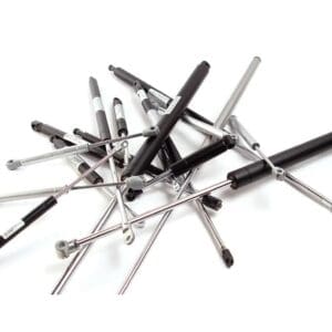 Zwarte 200mm gasveer voor de achterklep van een Gobanna 1200 of 1500 caravan, verkrijgbaar in 300N en 400N