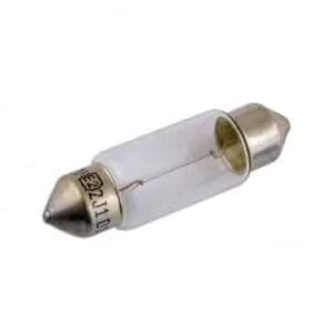 Klassieke 12V 10W glazen buislamp (soffitte) voor kentekenplaat- en caravanverlichting.