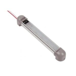 Slank aluminium 12V LED lijnlicht van 22,5 cm met grijze behuizing en ingebouwde schakelaar voor caravan interieur.