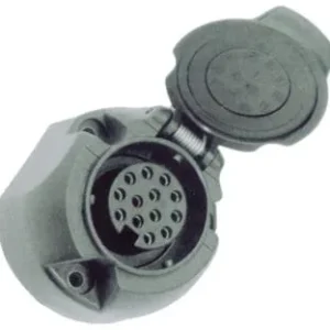 Vooraanzicht van een zwarte 13-polige Jaeger stekkerdoos met geopende klep voor caravan en aanhanger aansluitingen