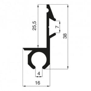 Zilverkleurige aluminium tentrail van 25,5 mm breedte voor caravanmontage.