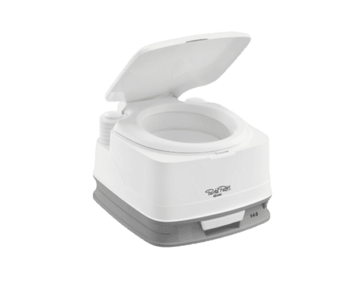 Wit-grijs Thetford PortaPotti Qube 145 draagbaar chemisch toilet voor gebruik in campers en caravans.