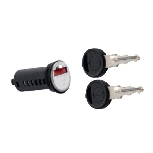 Metalen cilinderslot met twee bijbehorende zilveren sleutels voor caravan en camper sluitsystemen.