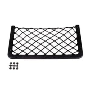 Zwart elastisch opbergnet met kunststof frame van 366x180mm voor montage tegen een caravanwand.