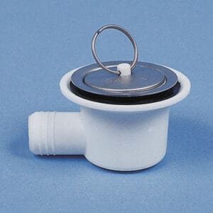 Universele haakse kunststof waterafvoer 20mm met zwarte stop en rubberen ring voor caravan spoelbak - gobanna-01