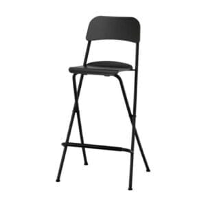 Inklapbare camping barkruk van metaal met zwarte zitting en voetensteun | Gobanna