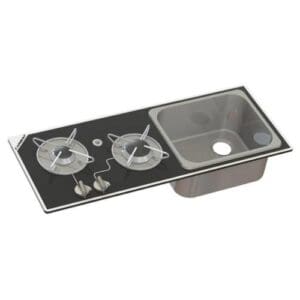 Carbest spoelbak-fornuis combinatie met 2-pits gasstel en rechthoekige RVS spoelbak op zwart glas | Gobanna