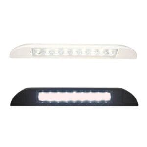 Compacte 23 cm LED voortentverlichting in zwart voor montage boven de deur van een camper of caravan.