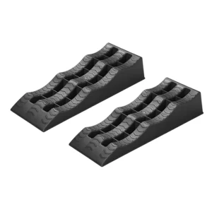 A087-oprijblok-set-proplus-gobanna Set van twee zwarte kunststof oprijblokken met drie niveaus (4cm, 7cm en 10cm) en profieloppervlak voor het waterpas stellen van een caravan of camper-gobanna