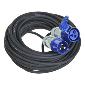 Proplus CEE verlengkabel 10 meter van zwart neopreen (H07RN-F) met blauwe 16A stekkers voor campinggebruik.