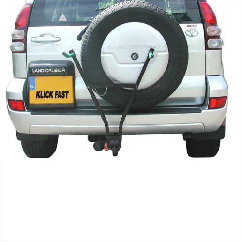 Compacte zwarte Klick Fast II fietsendrager van ProPlus gemonteerd op een trekhaak, inclusief kentekenplaathouder-gobbana-4