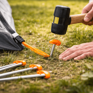 Tent haring die met een rubberen hamer in de grond wordt geslagen bij het opzetten van een tent