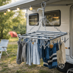 Camping droogrek met knijpers hangend onder de luifel van een caravan op de camping