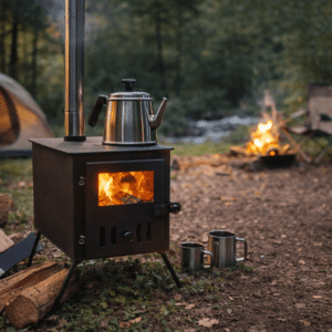 Compacte houtkachel bij een campingplek met tent en kampvuur in het bos